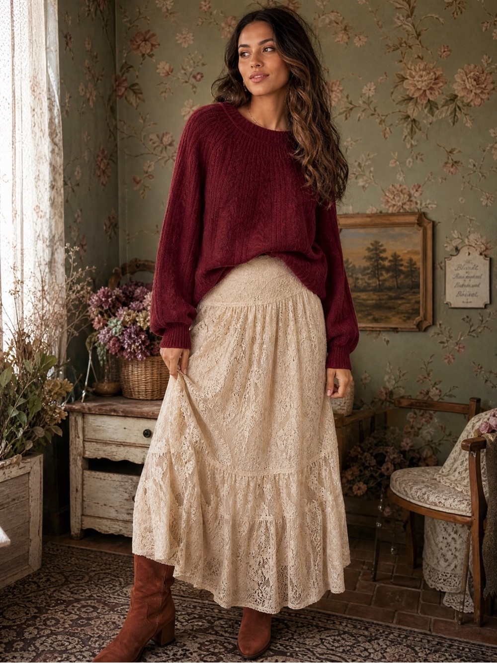 D10 • Wine Red Cable Knit Pullover Sweater